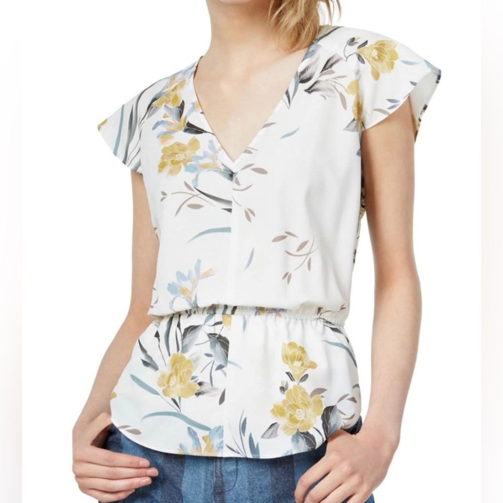 Bar III White Tropics Peplum V Neck Top Blouse
